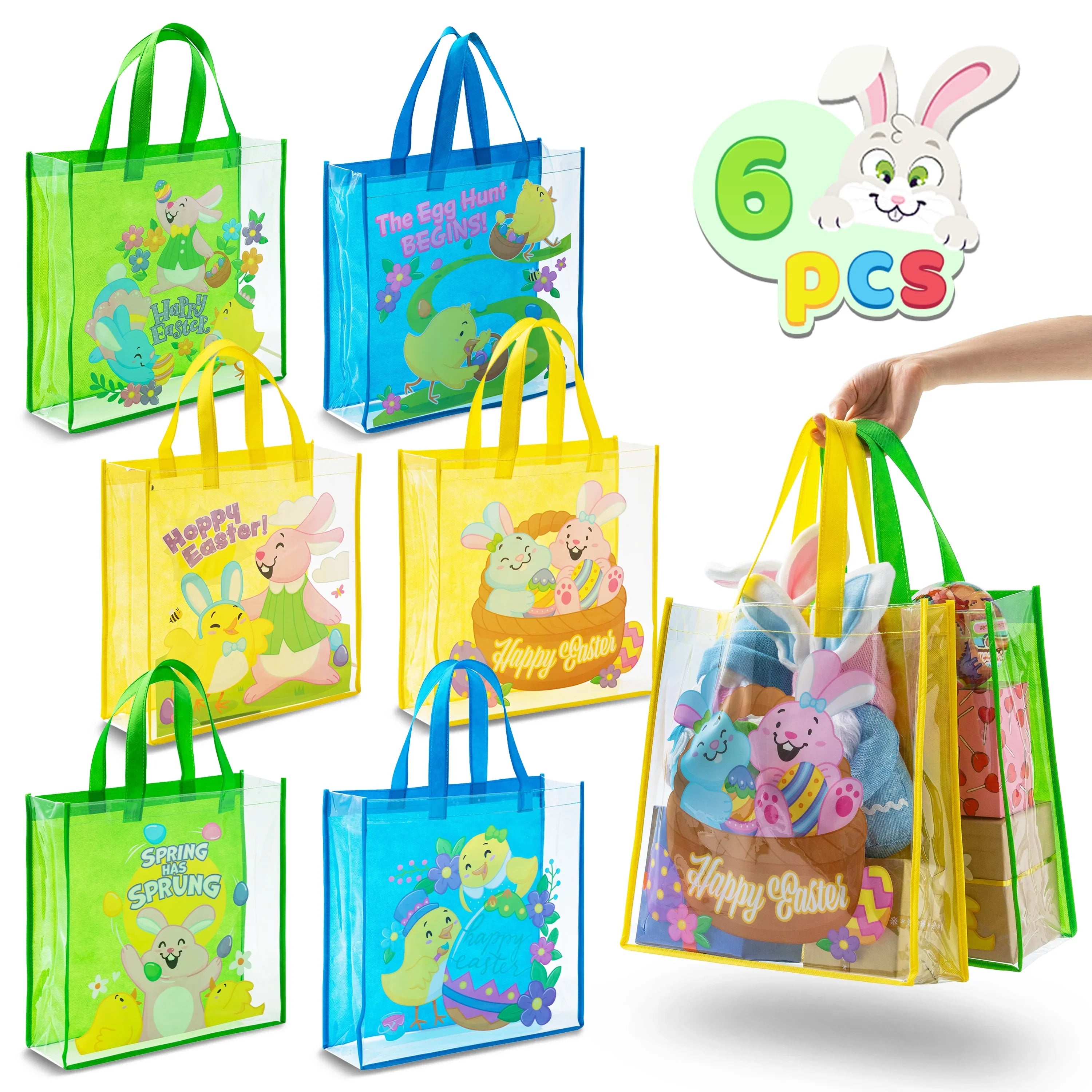 Syncfun 6 Pcs Easter Gift Bags for Kids, Large Goodie Reusable Tote Treat Bags with Handles for Easter Egg Hunt, Easter Party Favors Supplies