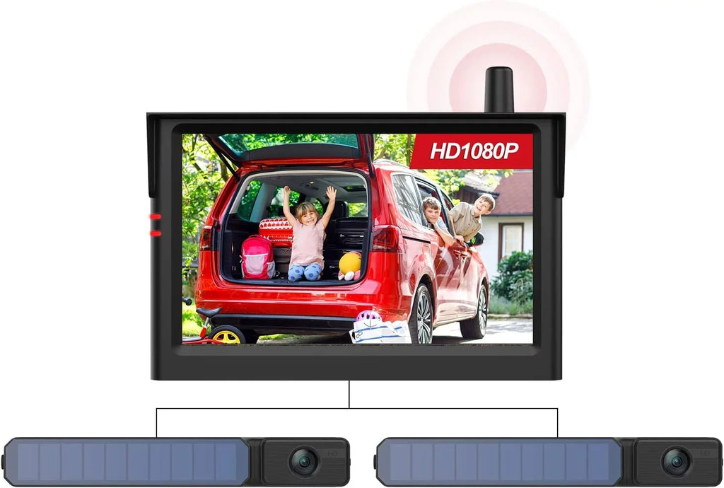 Solar Wireless Backup Camera System with 2 Cameras,  Waterproof Wireless Reverse Camera 1080P Rear View Cameras for Truck, Van,  Under 33FT