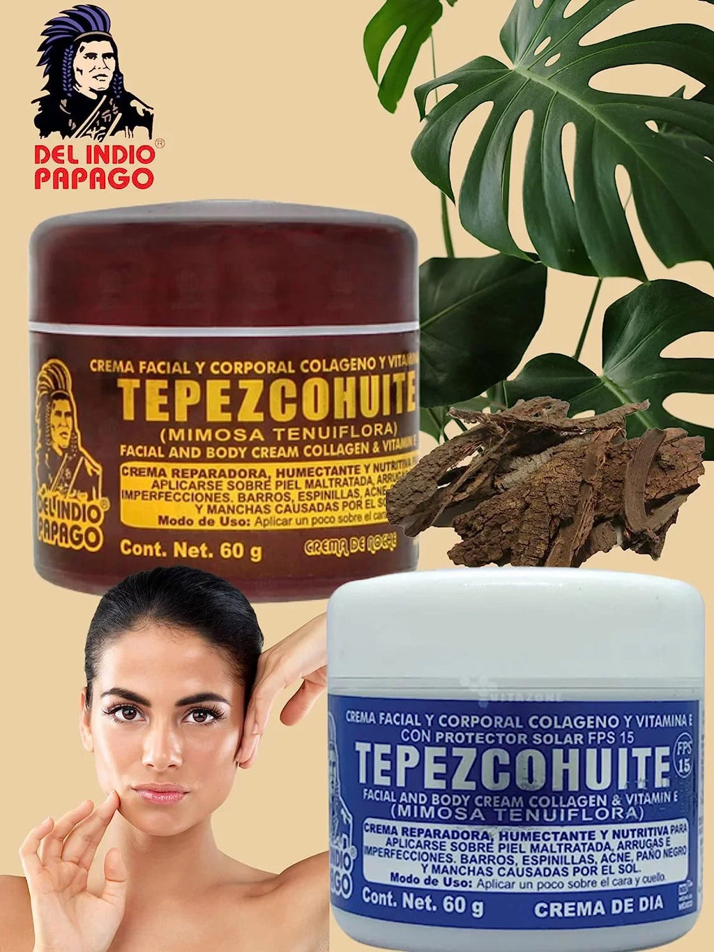 Del Indio Papago Tepezcohuite Day & Night creams (2oz each) + Hyaluronic Acid Serum (3.38 Fl Oz) + Tepezcohuite Soap (125g)
