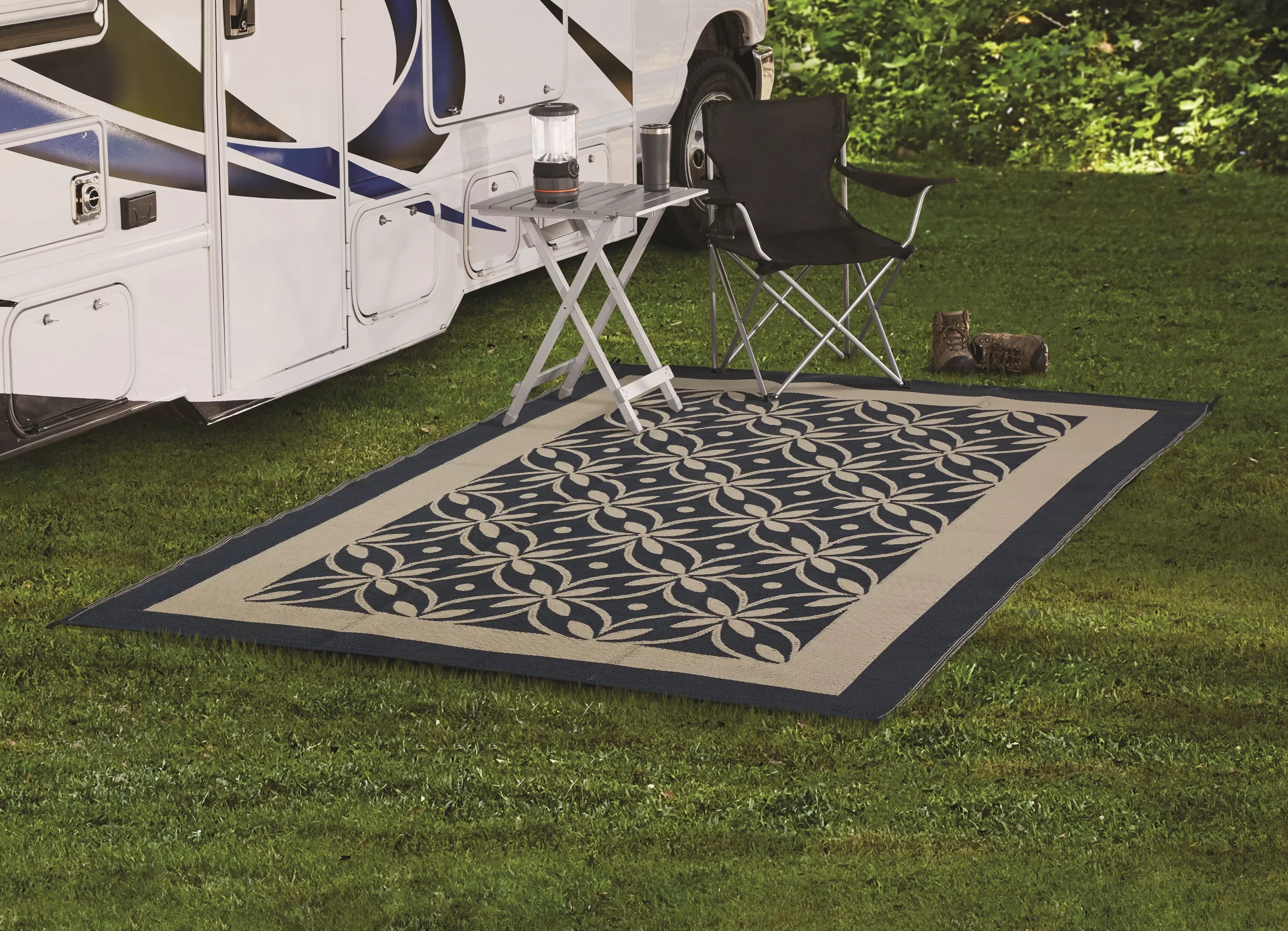 Auto Drive Blue / Tan Flower Design 9x12ft Reversible  Patio Mat, Good for  Patios and Garden