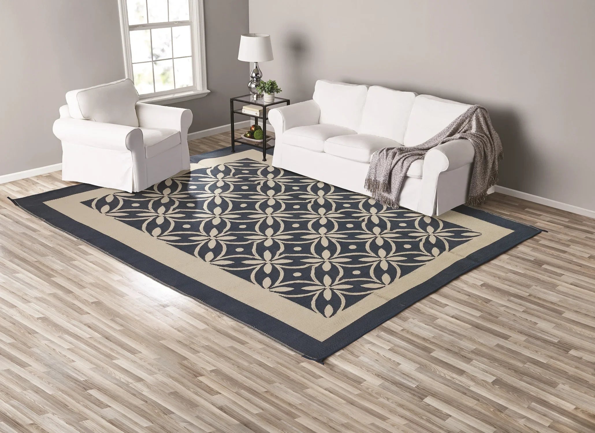 Auto Drive Blue / Tan Flower Design 9x12ft Reversible  Patio Mat, Good for  Patios and Garden