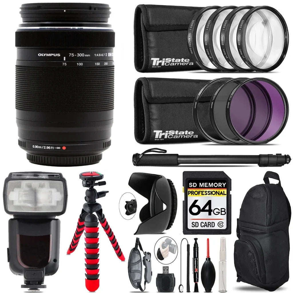 Olympus .Zuiko Digital  75-300mm f/4.8-6.7  Lens+ 7 Piece Filter & More - 64GB Accessory Kit
