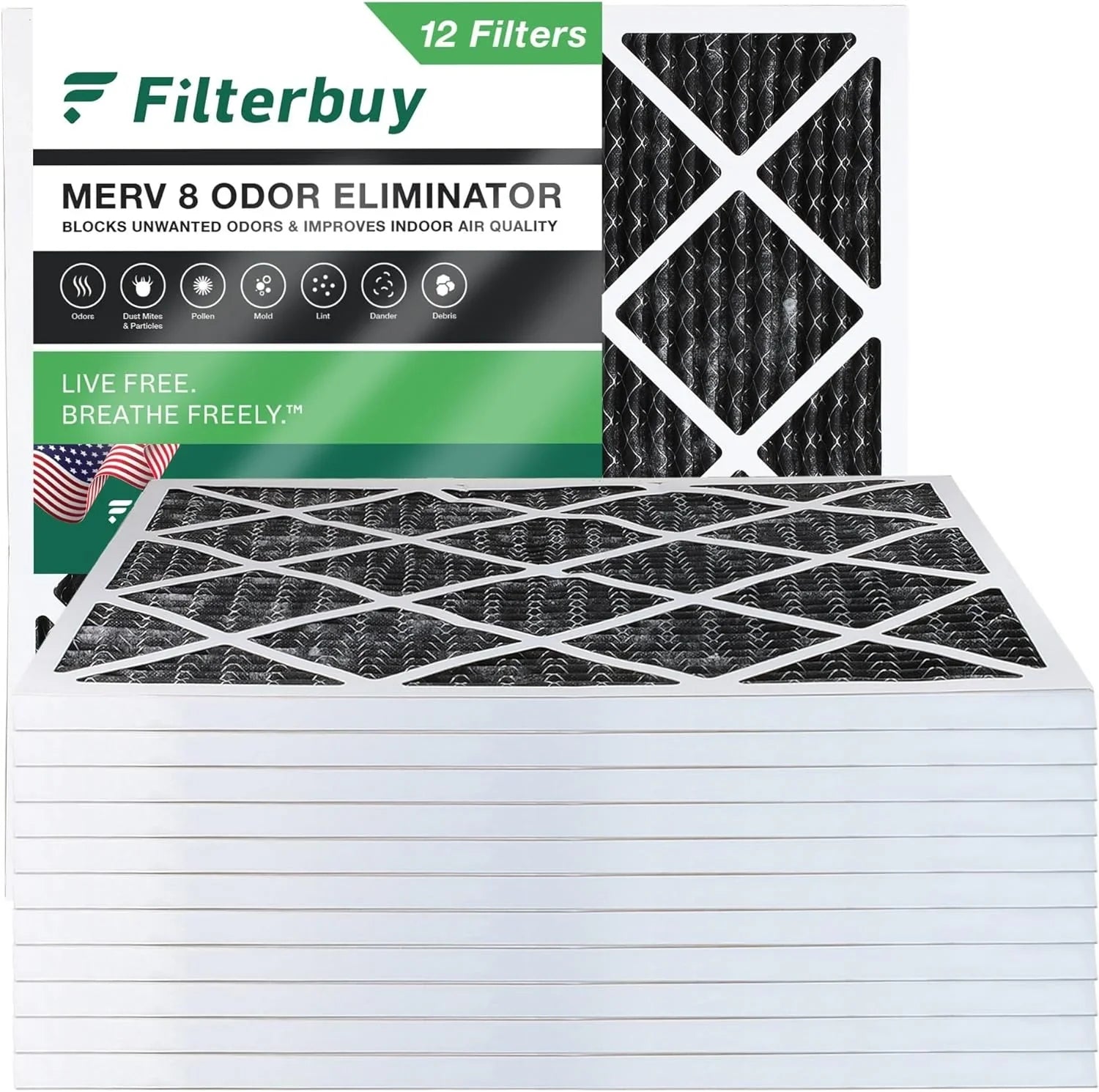 Filterbuy 12x12x1  8 Odor Eliminator Pleated   Furnace Air Filters with Activated Carbon (12-Pack)