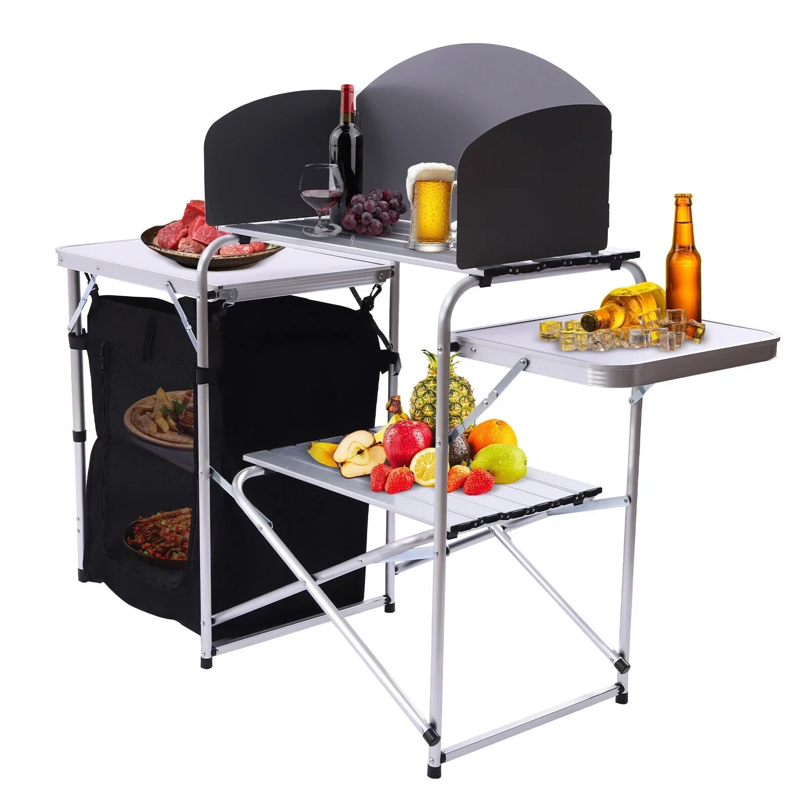 Folding Camping Kitchen Table Outdoor Cooking Table with Detachable Windscreen