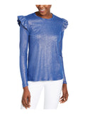 Womens Blue Ruffled Metallic Long Sleeve Jewel Neck Top Size: