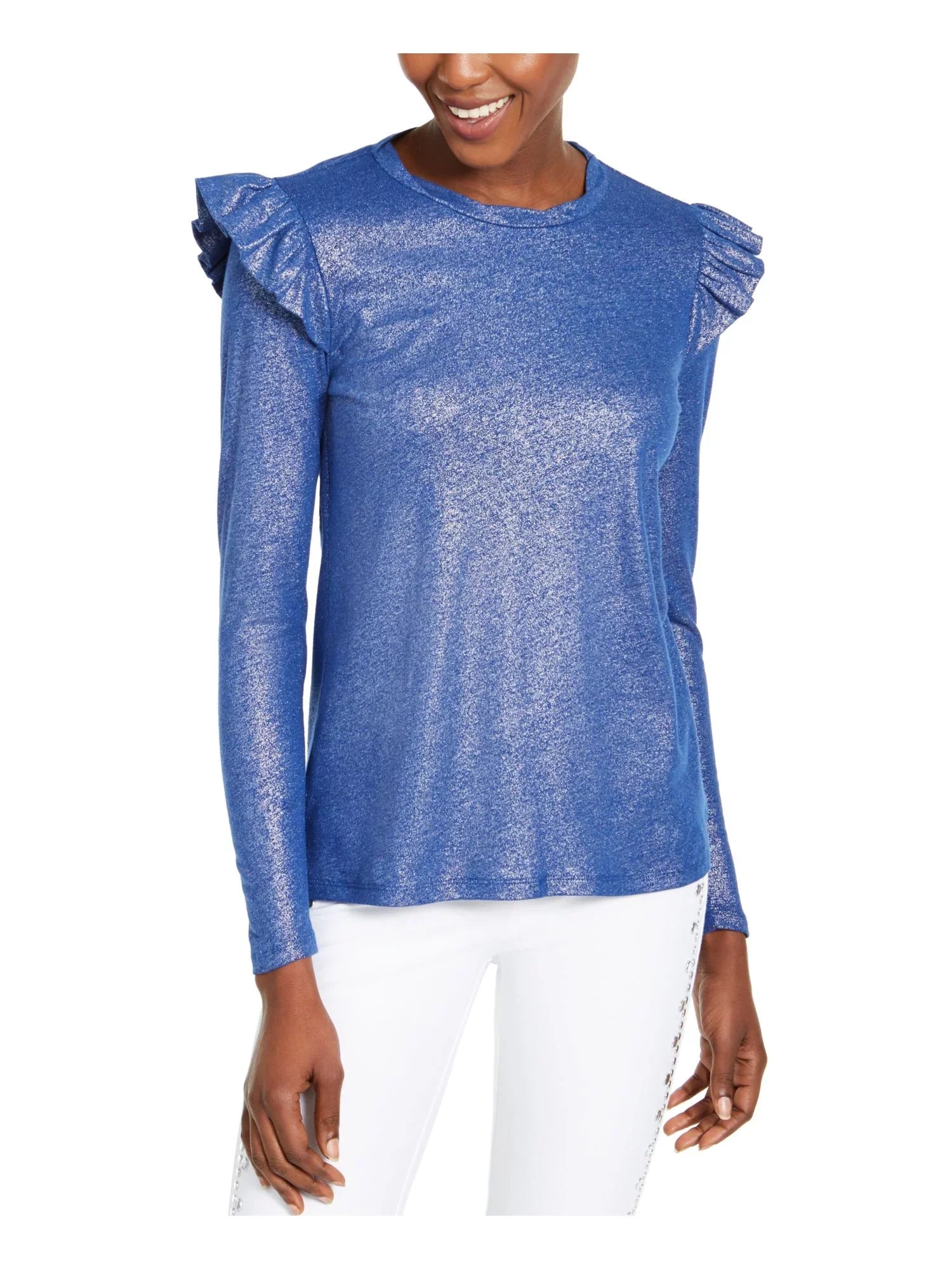Womens Blue Ruffled Metallic Long Sleeve Jewel Neck Top Size: