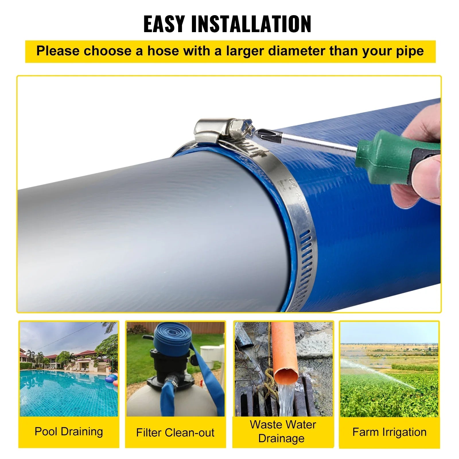 Discharge Hose, 2" x 105',  Fabric Lay Flat Hose, Heavy Duty Backwash Drain Hose with Clamps, Weather-proof & Burst-proof, Ideal for Swimming Pool & Water Transfer, Blue