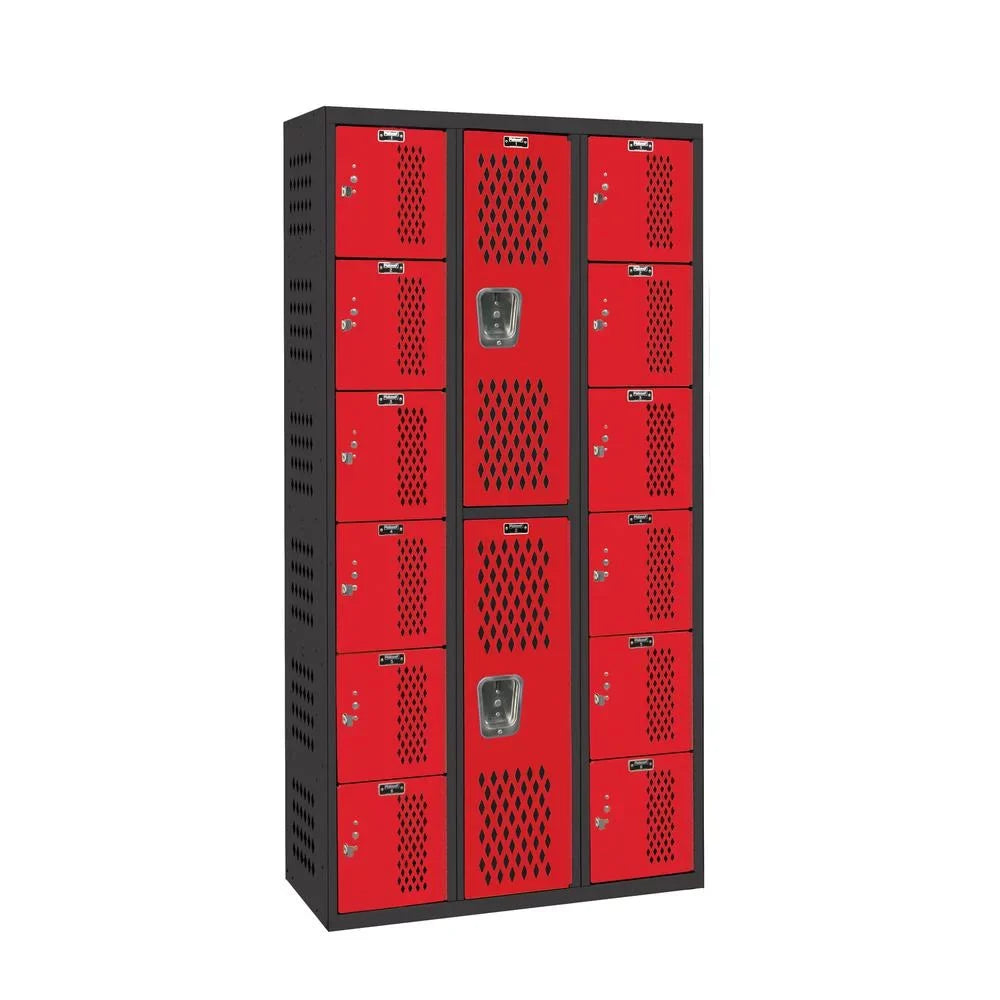 Hallowell  / Gym Locker, 36" x 18" x 72", 708 Midnight Ebony Body and 721 Relay Red Doors, Six Tier / Double Tier / Six Tier, 3-Wide, All-Welded
