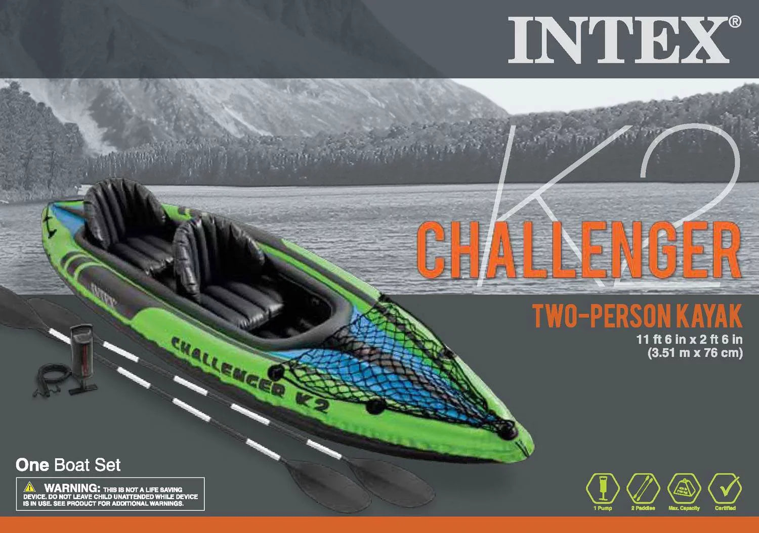 Intex Challenger  2-Person Inflatable Sporty Kayak + Oars And Pump (3 Pack)