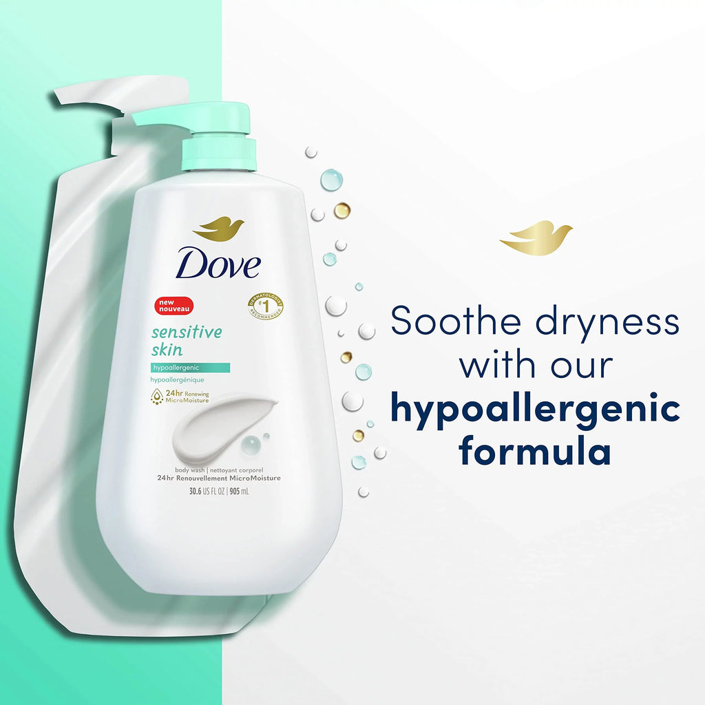 Dove Body Wash With Pump Sensitive Skin 3 Count Hypoallergenic, Paraben-Free, Sulfate-Free, Cruelty-Free, Moisturizing Cleanser Effectively Washes Away Bacteria While Nourishing Skin 30.6 Oz
