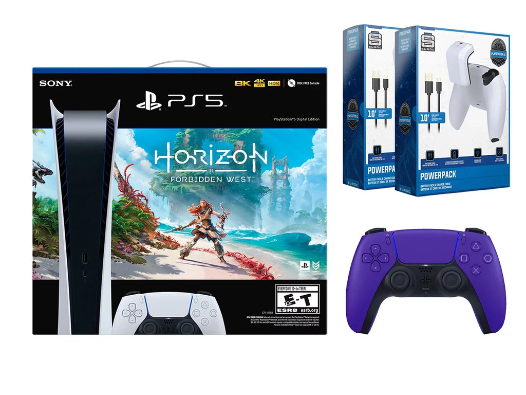 Sony Playstation 5 Digital Horizon Forbidden West Bundle with Extra Purple Controller with 2 Pack Surge Battery Pack & Charge Cable