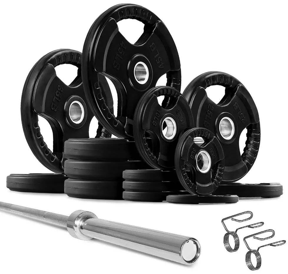 French Fitness Rubber Grip Weight Plate Set w/7 ft Olympic Bar 395 lbs (New)