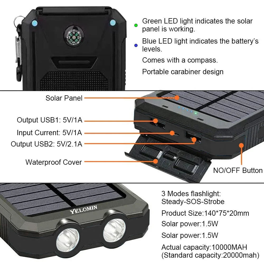 Super 10000000mAh  Portable Charger Solar Power Bank for Cell Phone, Black.