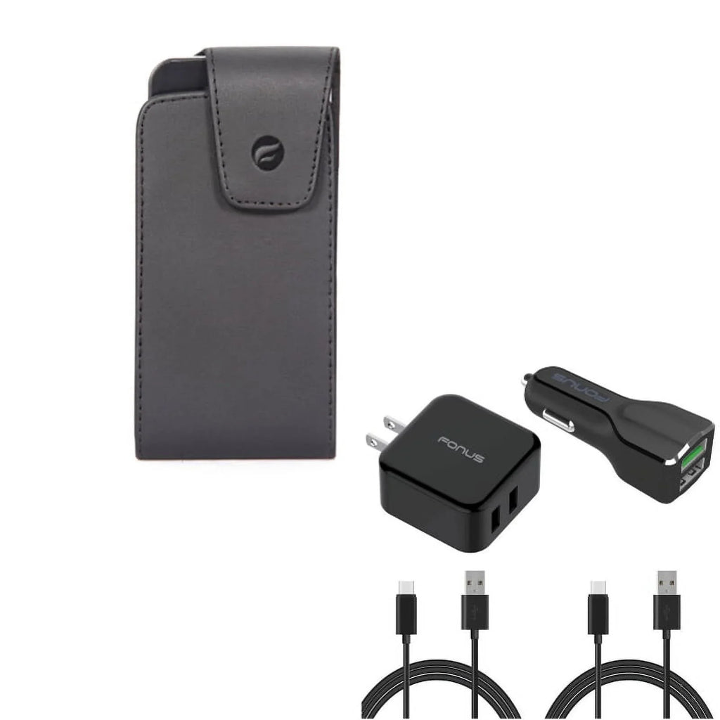 Black Leather Phone Case w 4-in-1 Adaptive Fast Home Car Charger 6ft Long (Two)  Cable Bundle  for Acer Liquid Jade Primo - Alcatel Idol 4S -  ZenFone 5z 4 Pro - Blackberry Motion