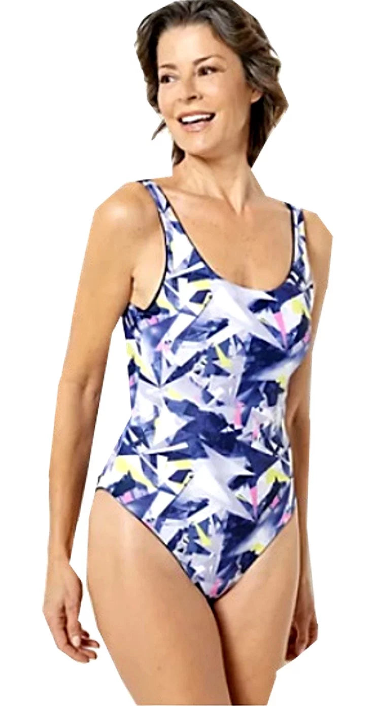 Attitudes by Renee 1-Piece Reversible Bathing Suit Swimsuit - Neon Shatter/Navy   Size  Large
