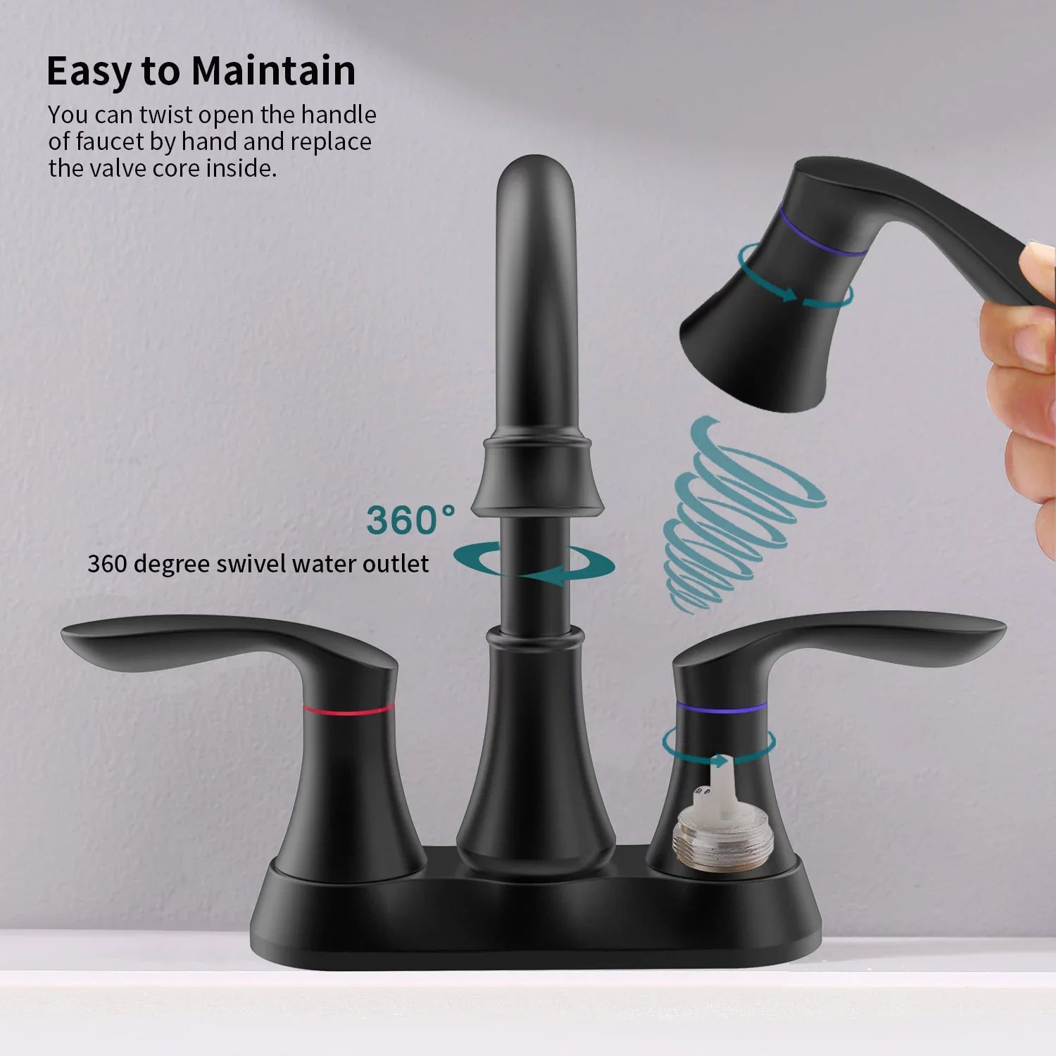 Kichae 6 Inch Vanity Sink Faucet，2-Handle 360 Degree Swivel Bathroom Spout Centerset Faucet with Pop-up Drain & Supply Hoses，Matte Black