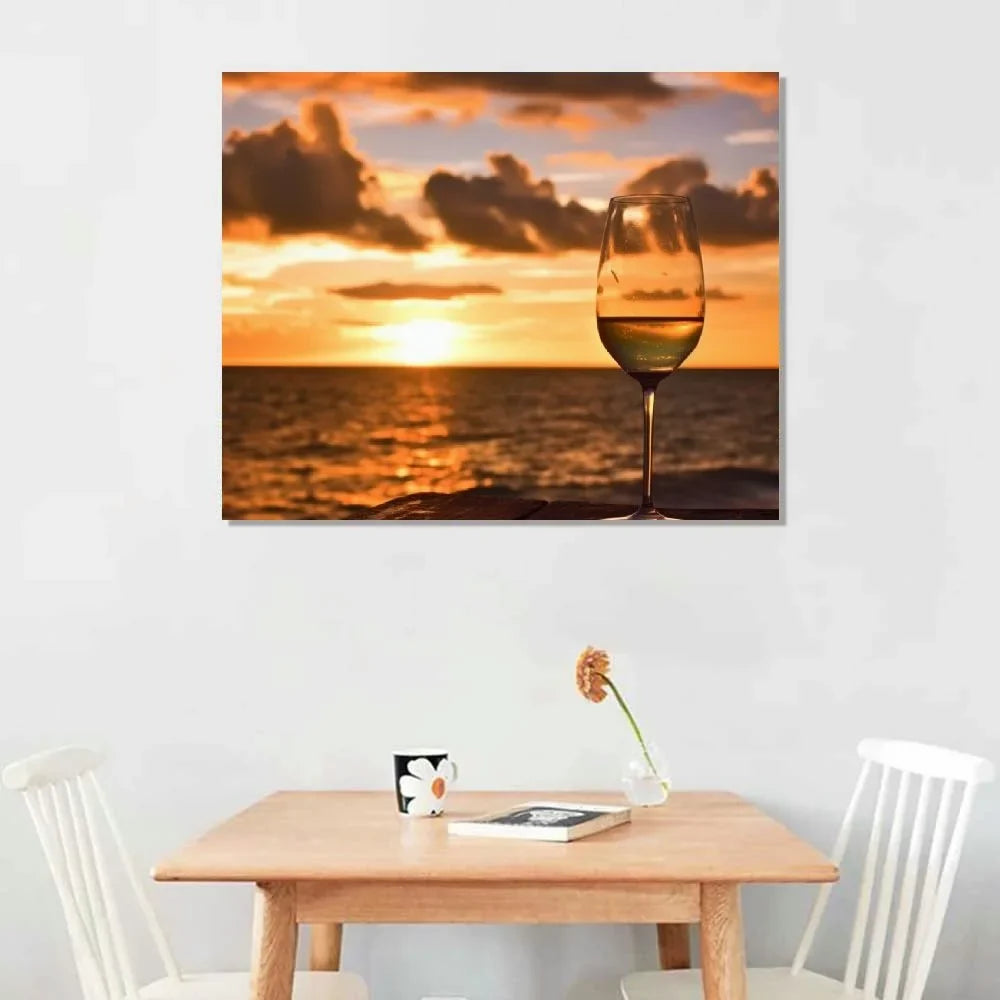 Wall Art Painting Pictures Glass of white wine on the beach at sunset Sundowners Framed Poster Prints on Canvas Artwork for Living Room Bedroom Home Office Decor 20x16 Inch
