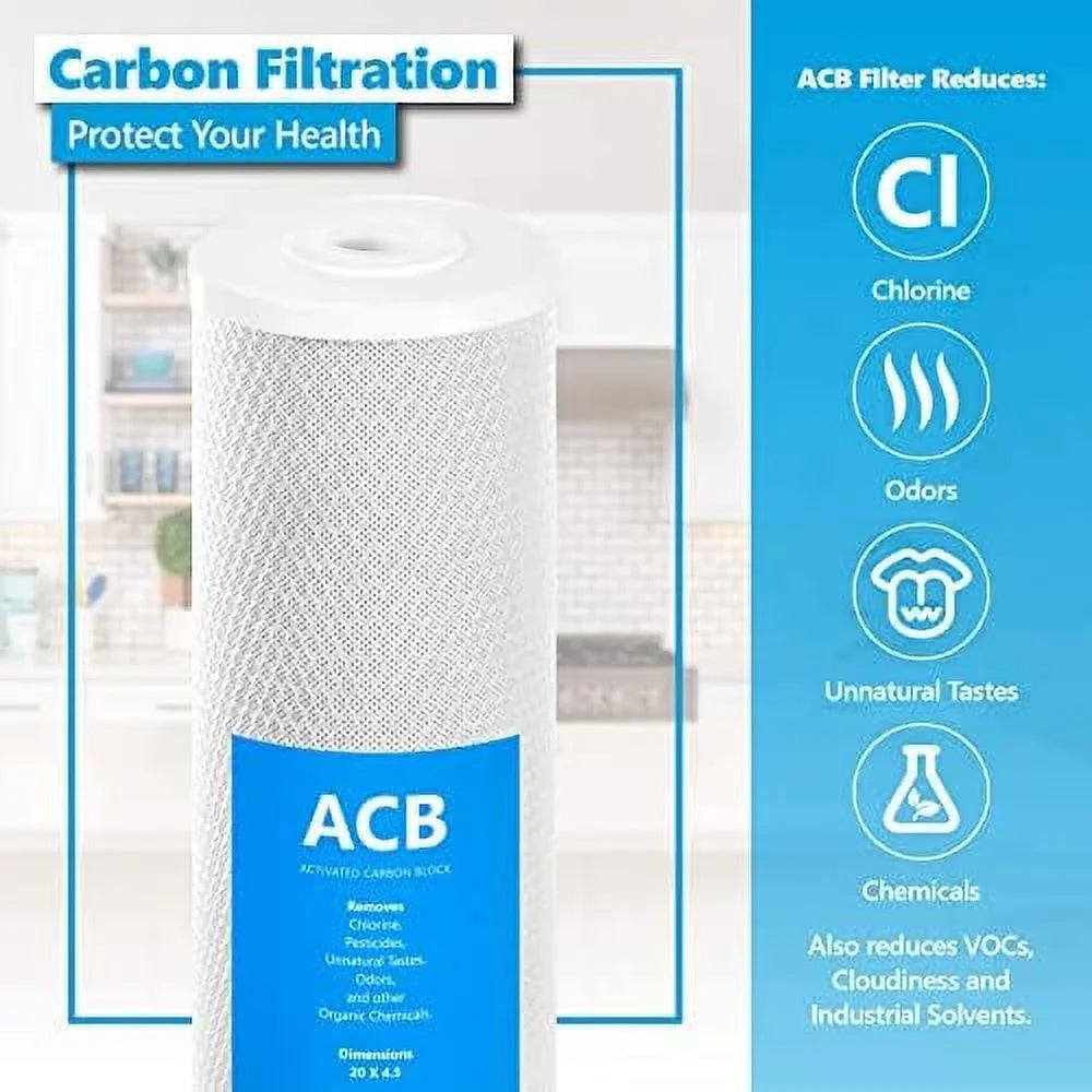 2 pack water filter activated carbon block replacement filter  acb large capacity water filter  whole house filtration  5 micron water filter  4.5” x 20” inch