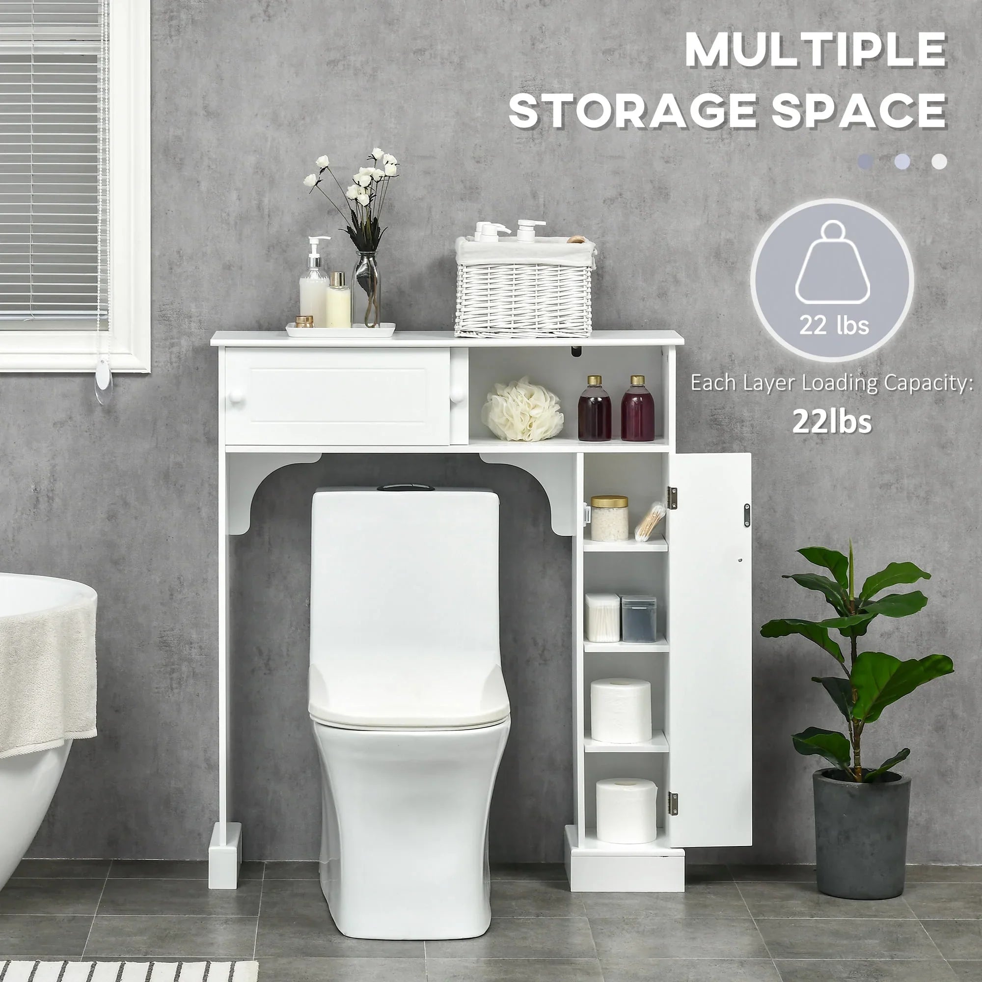 kleankin Over the Toilet Bathroom Cabinet, Freestanding Bathroom Storage Organizer with Adjustable Shelves, Toilet Rack, White