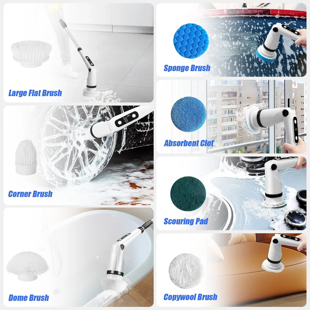 Electric Spin Scrubber,  Cordless Cleaning Brush with 8 Brush Heads,Shower Scrubber with Long Handle Household Cleaning Brushes for Bathroom Tub Tile Kitchen Floor Car