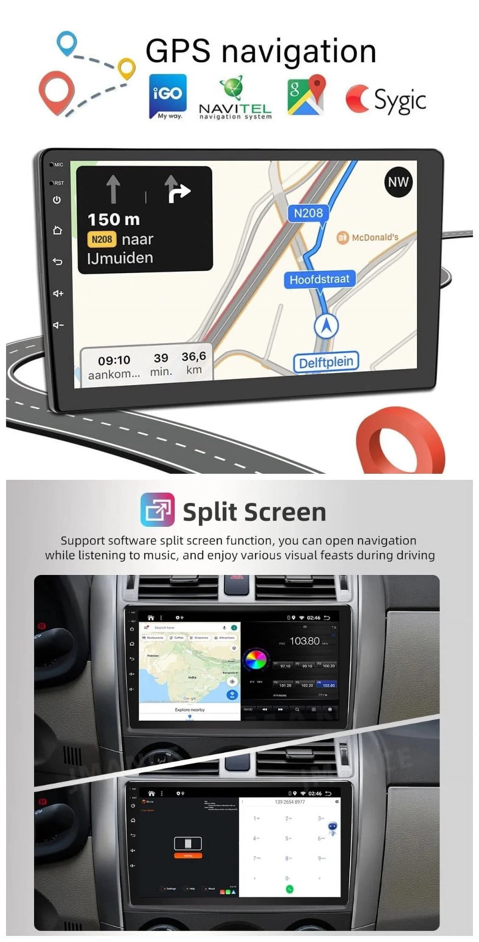 Android 2+32GB Car Stereo Wireless Carplay Android Auto Double Din Radio 9" 1280*720  Screen WiFi  Navigation Bluetooth  / Receiver  Backup Camera