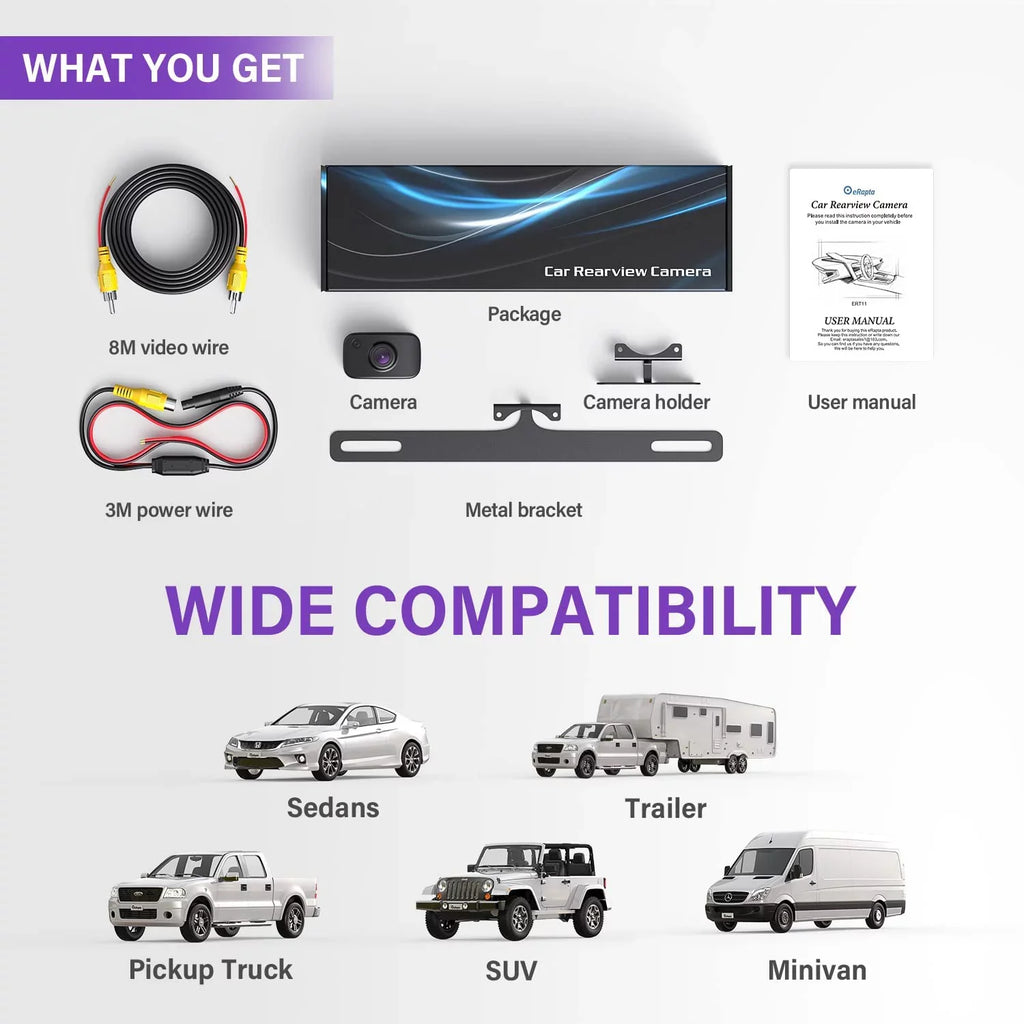 eRapta  Backup Camera, Rear View Reverse Camera for Car Truck Pickup   Van  License Plate Front Rear Camera