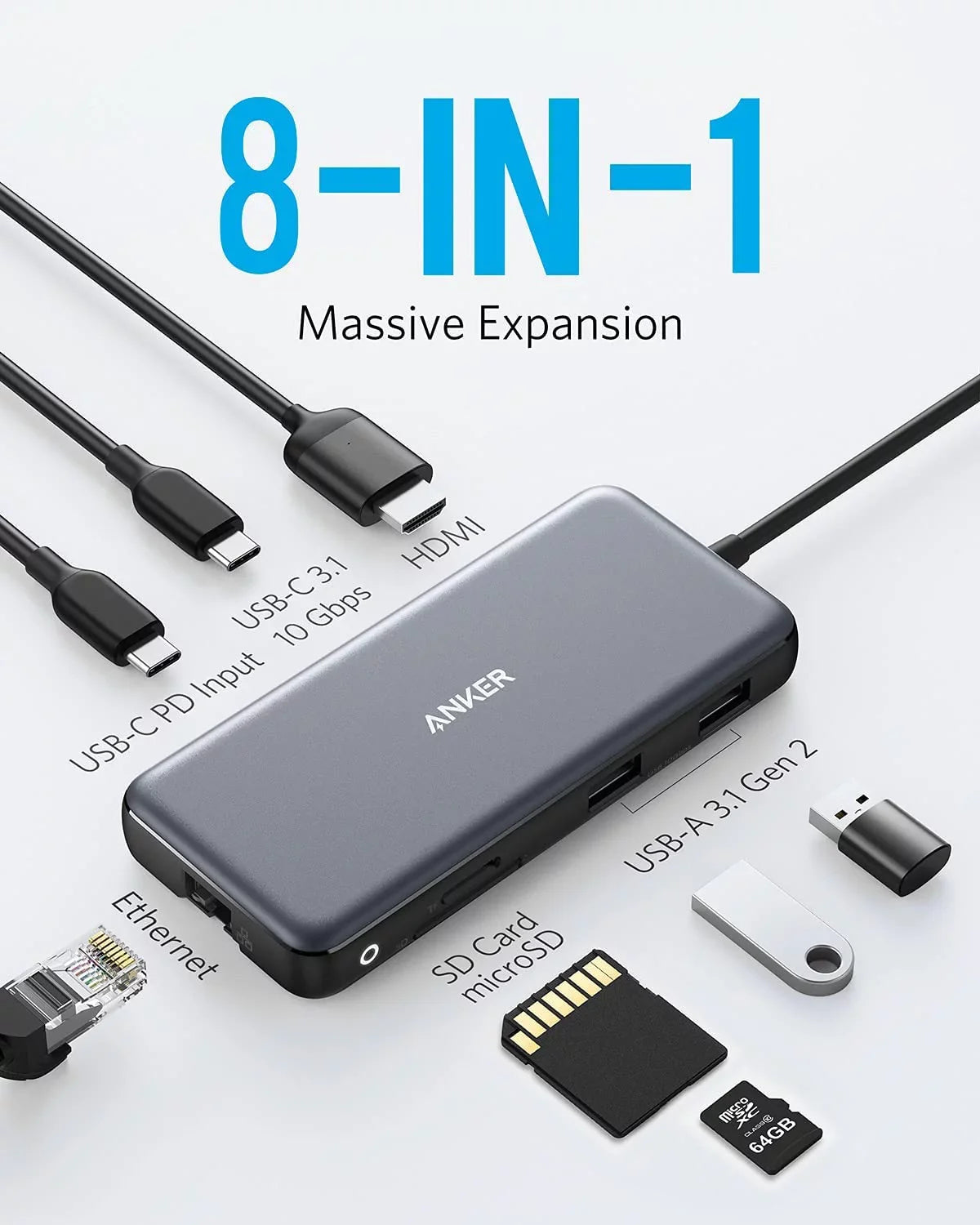 Anker 8-in-1   Hub Adapter with 100W Power Delivery,4K 60Hz ,Ethernet Port, Card Reader
