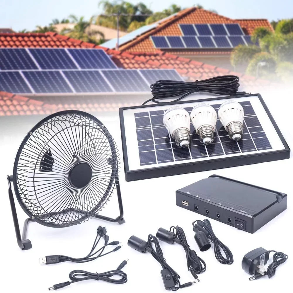 Portable Solar Powered Panel+Fan+3x1W 12V Bulbs 8 inch Solar Powered Fan, with Adapter for Ventilation Caravan Camping Home Office Outdoor Traveling Fishing