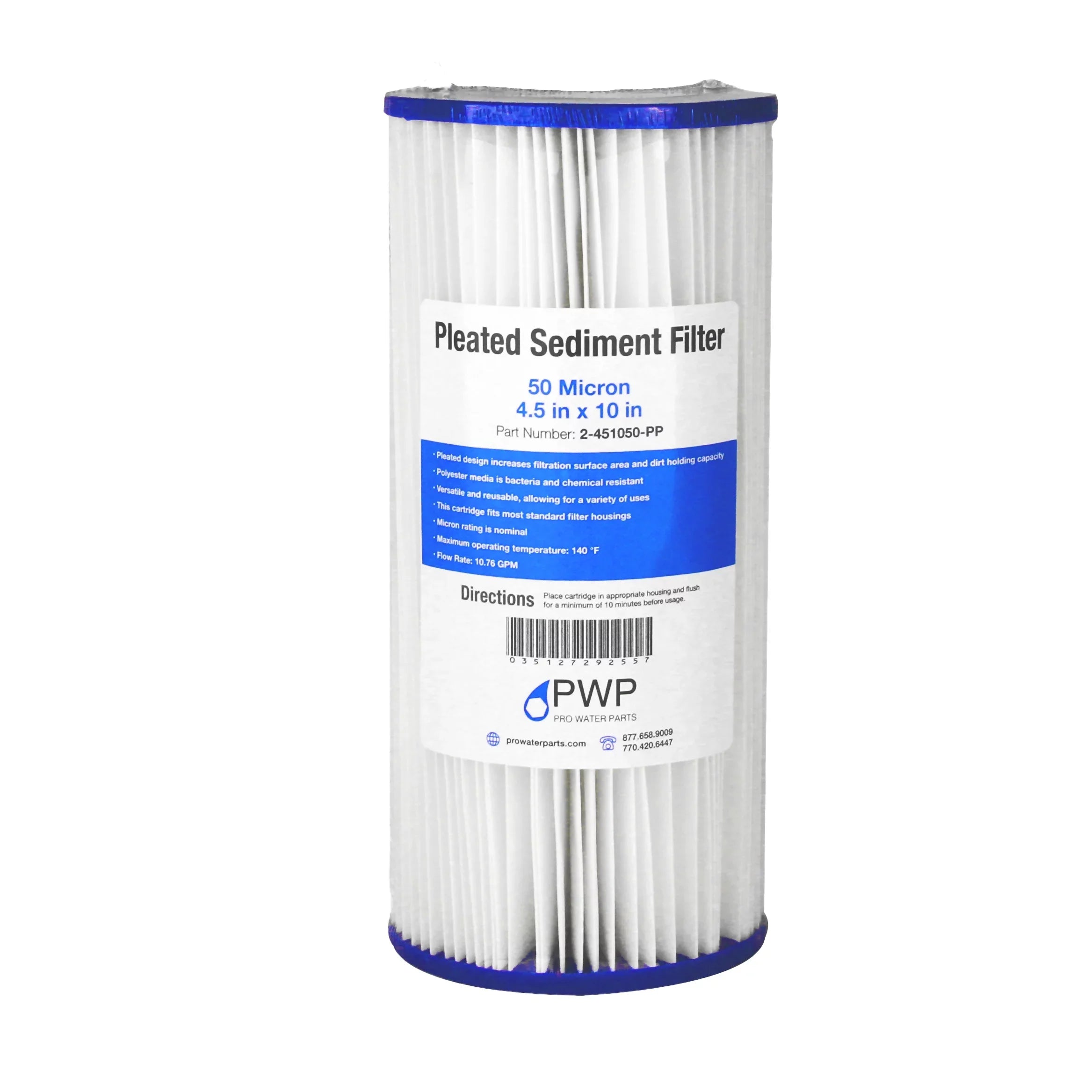 Pleated Poly Water Filter Cartridge 10x4.5" 50 Micron 20 Pack