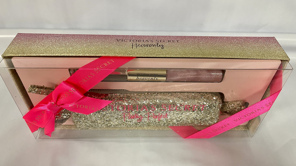 Victoria's Secret Heavenly Rollerball Lip Gloss Duo Eau De Parfum & Glitter Bag Party Set Gold Sparkle Bag Perfume
