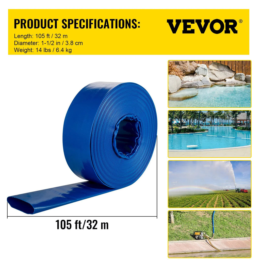 Discharge Hose, 1-12" x 105',  Fabric Lay Flat Hose, Heavy Duty Backwash Drain Hose with Clamps, Weather-proof & Burst-proof, Ideal for Swimming Pool & Water Transfer, Blue