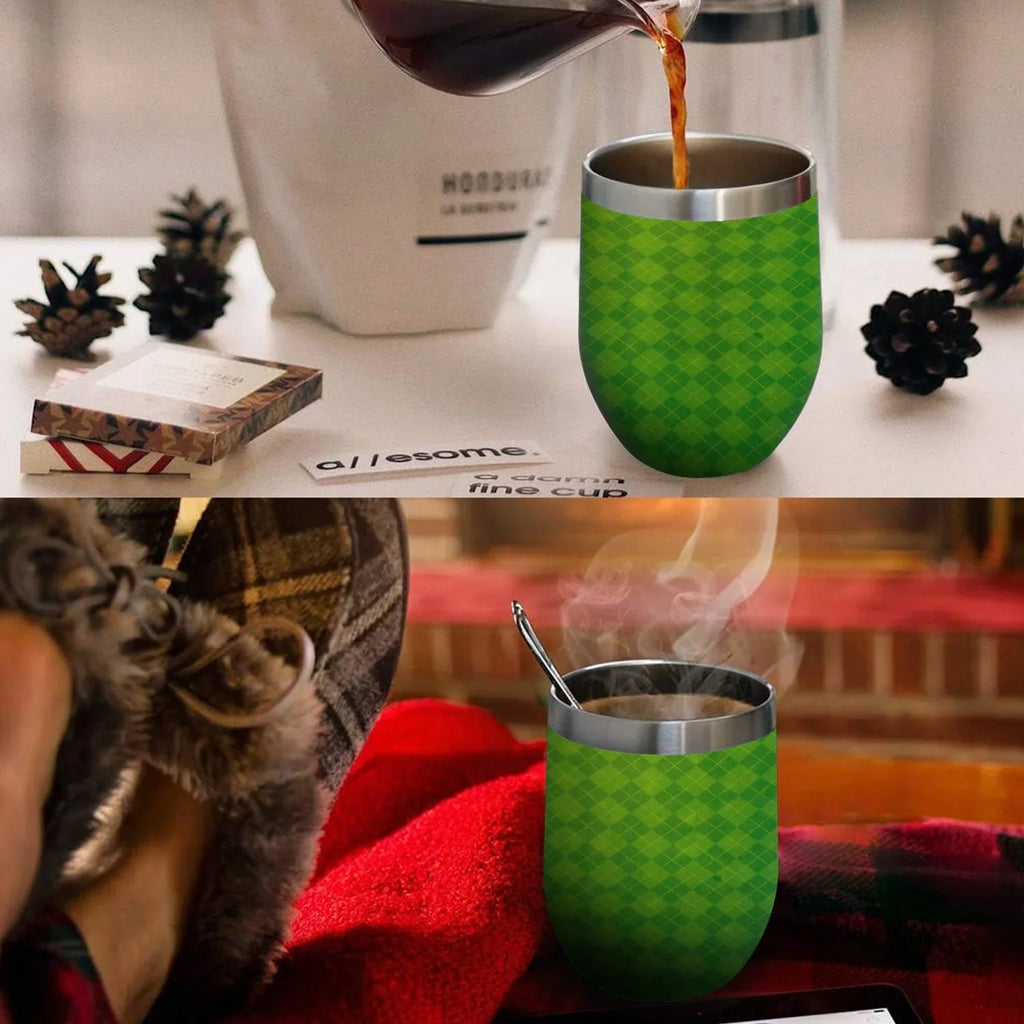 Hidove 12oz 304 Stainless Steel Vacuum Insulated Cups, Green Argyle Textured Background Eggshell Cup  Shape Tumbler Cups with Lid, Double Layer Insulation Wine Cup Big Belly Cup