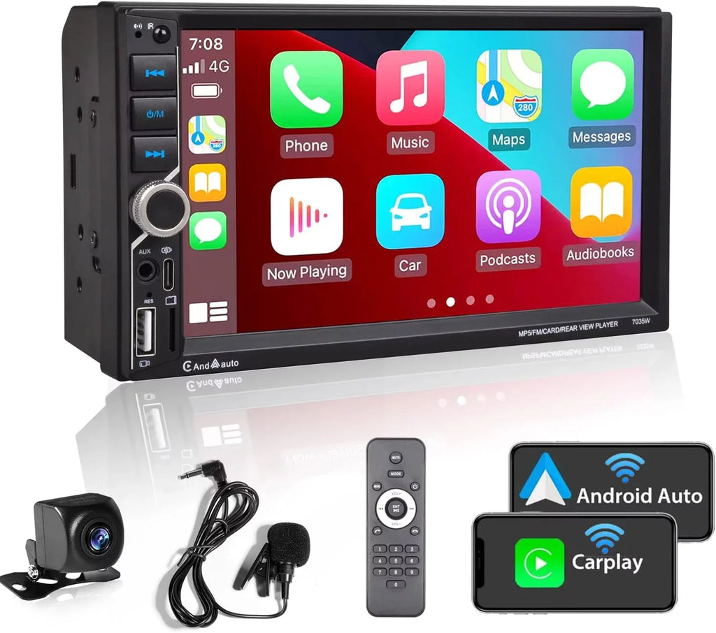 Alondy Double Din Car Stereo,Compatible with Wireless CarPlay/Android Auto,Type- ,7" Touchscreen,Mirror Link,Backup Camera,Bluetooth Voice Control,External Mic     Radio Audio Receiver