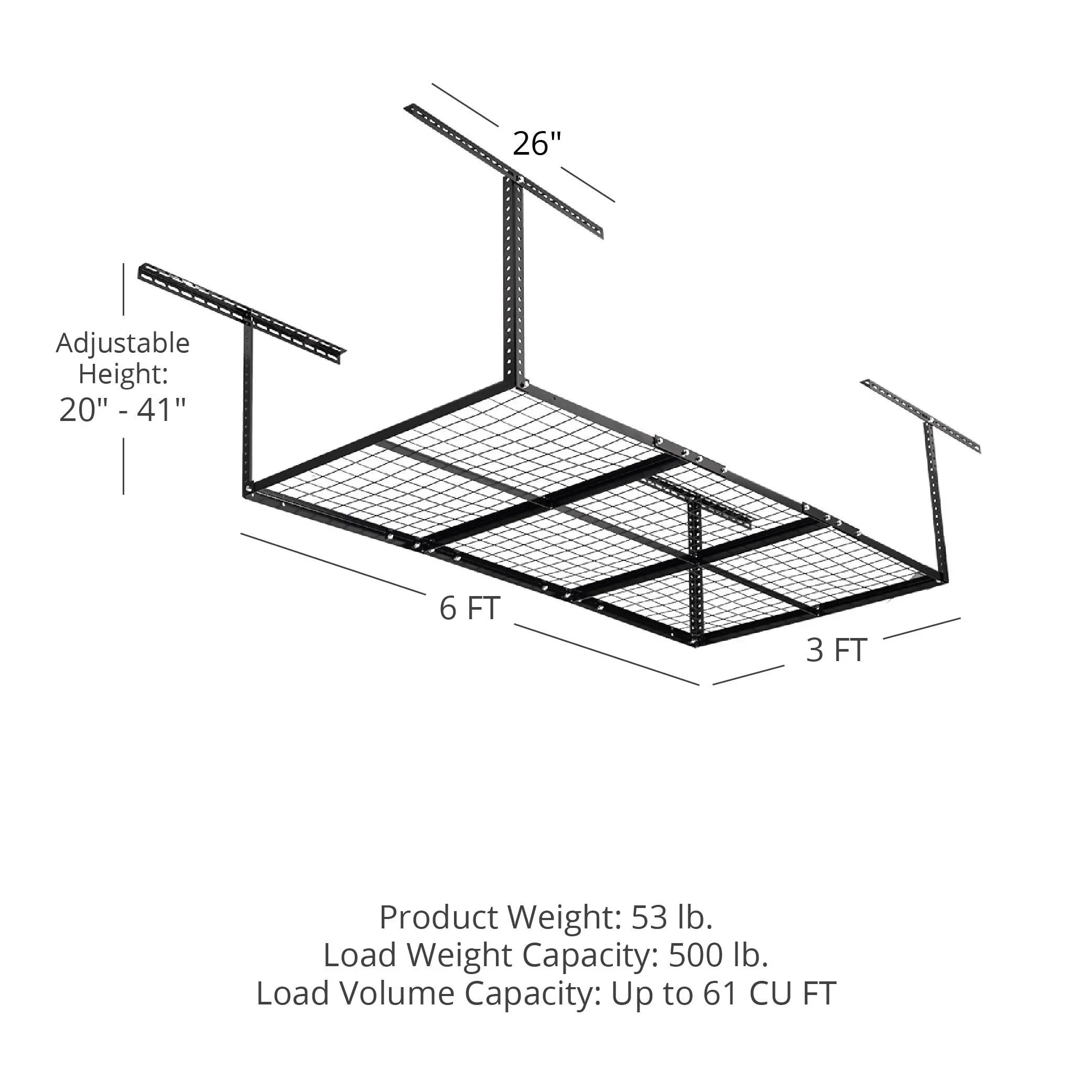Titan Attachments 3' x 6' Overhead Garage Storage Rack, 20" to 41" Adjustable Height, Ceiling Mount Organization System, Metal Wire Grid with 500  Loading Capacity, Storage for Bikes Equipment Bins