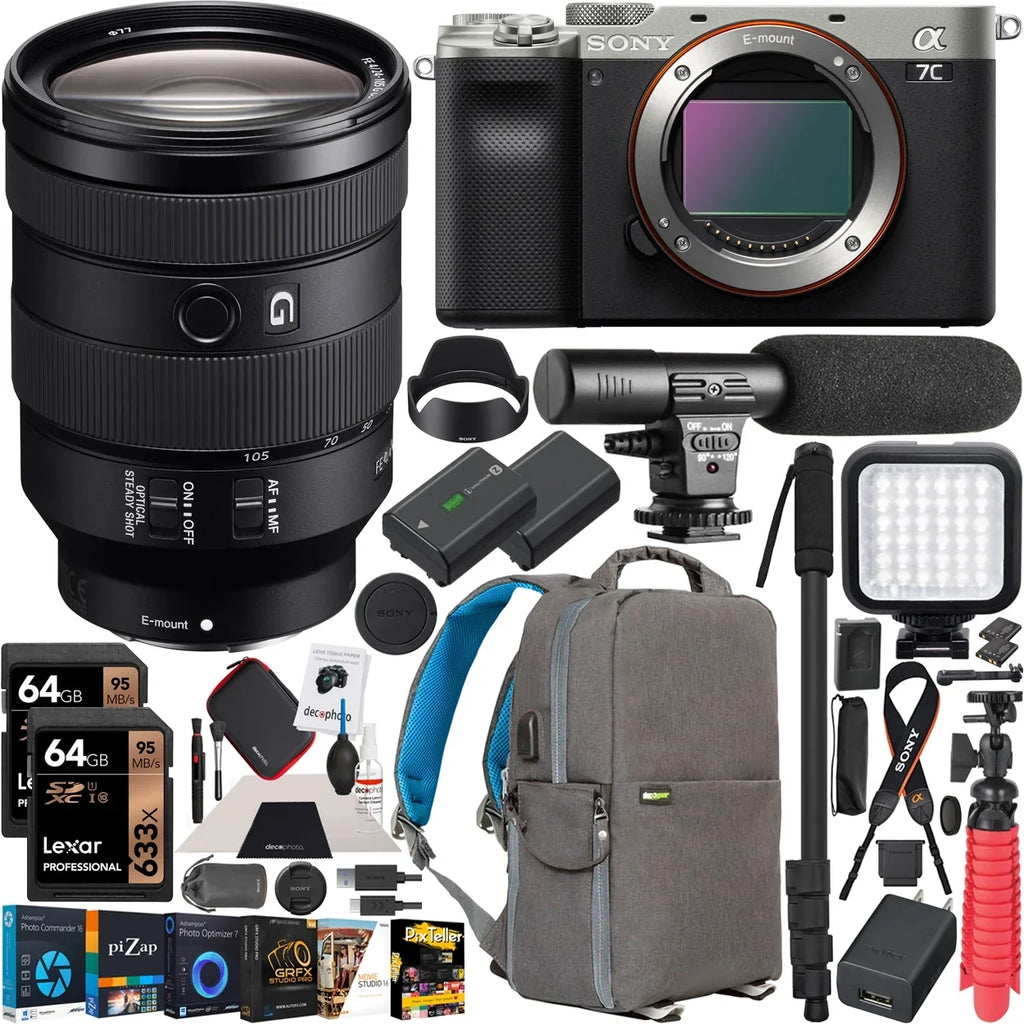 Sony a7C Mirrorless Full Frame Camera Body with Sony  24-105mm    Zoom Lens  Silver / Bundle with Deco Gear Photography Backpack Case , Software and Accessories