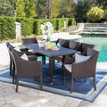 Noble House Arcadia Outdoor 9 Piece Wicker Rectangular Dining Set with Cushions, Multibrown, Beige
