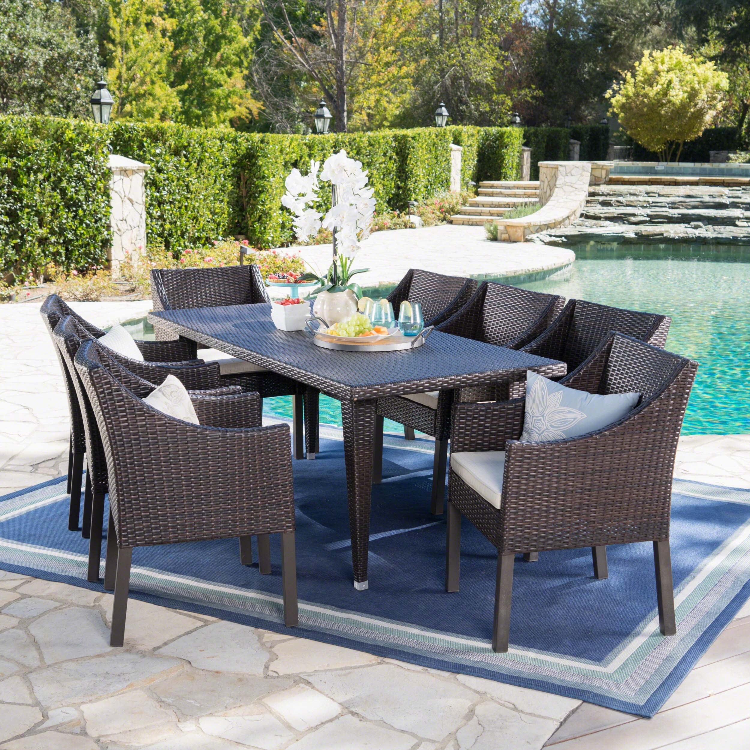 Noble House Arcadia Outdoor 9 Piece Wicker Rectangular Dining Set with Cushions, Multibrown, Beige