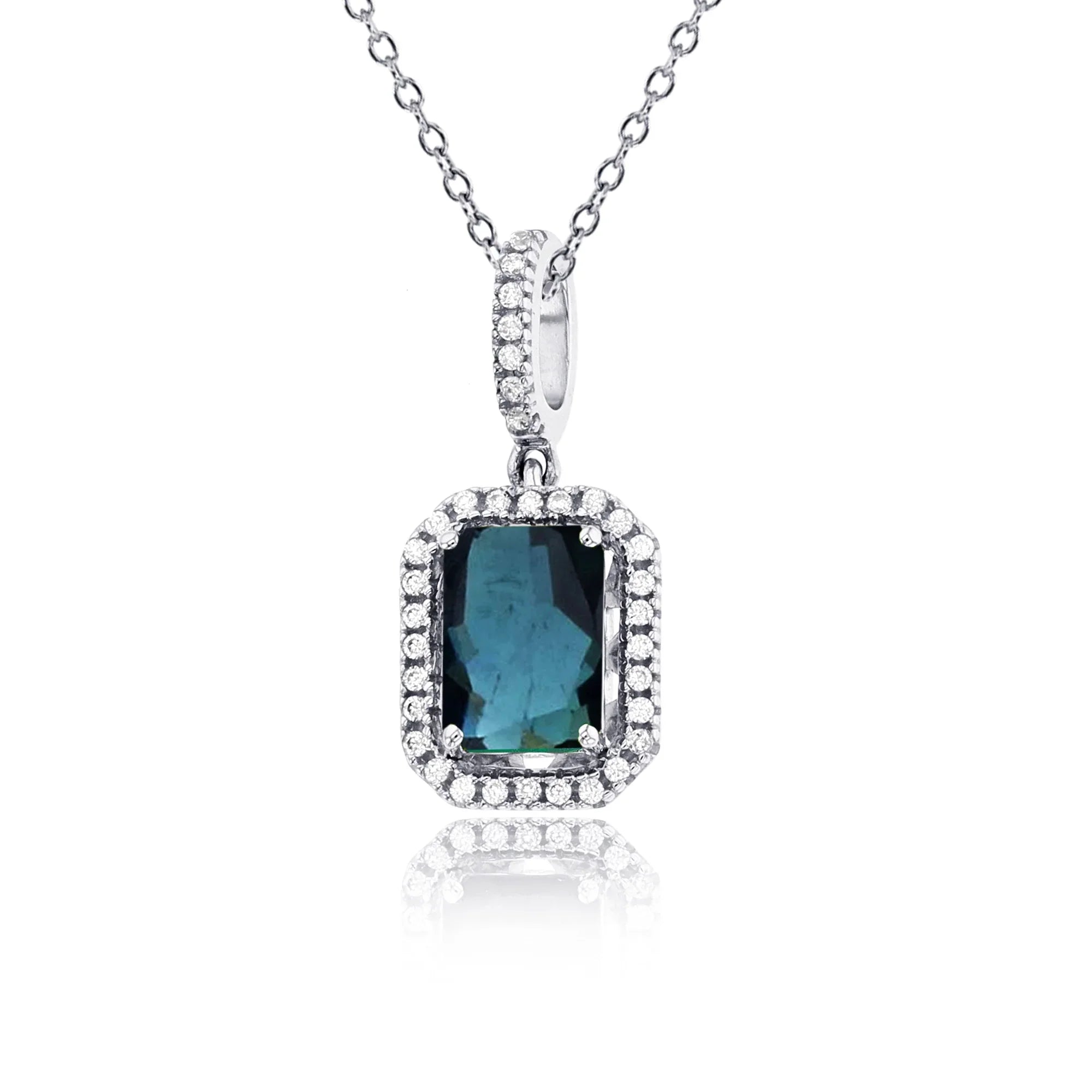 Sterling Silver Rhodium 0.10  Rnd Diamonds & 7x5mm  Cr Blue Sapphire  Cush Halo 18"Necklace