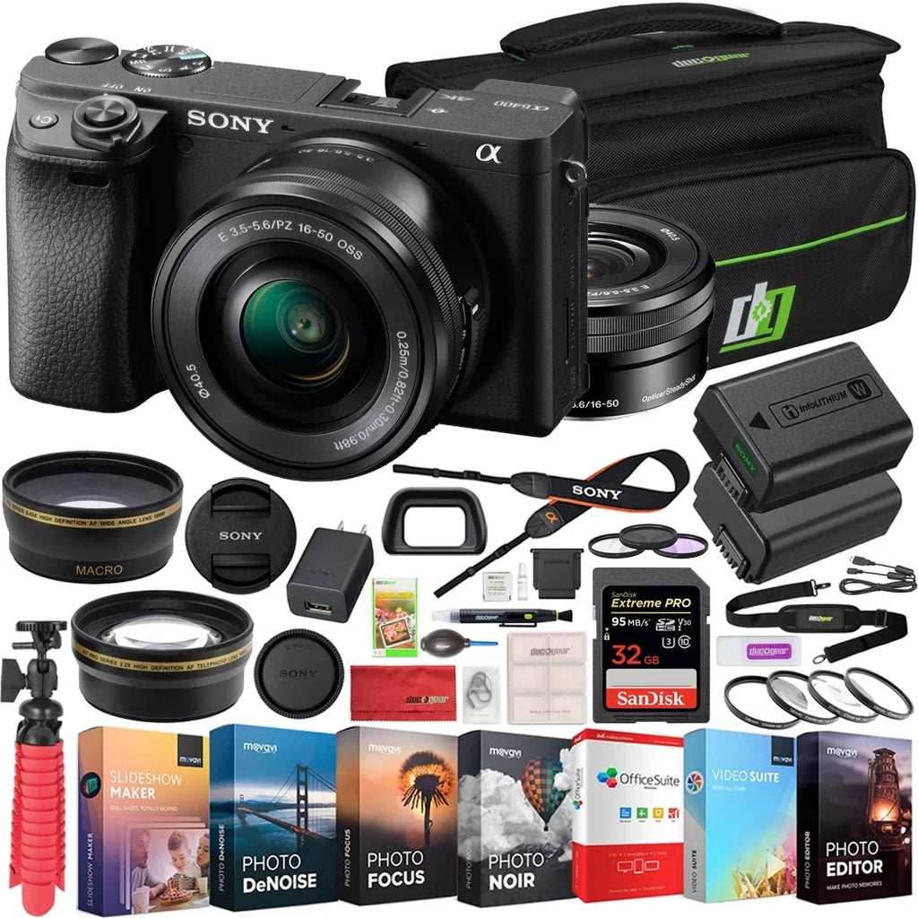 Sony a6400 4K Mirrorless Camera -6400L/ (Black) with 16-50mm f/3.5-5.6  Lens Kit + 0.43x Wide Angle and 2.2X Telephoto Lens Deco Gear Case Filter Set & Extra Battery Power Editing Bundle