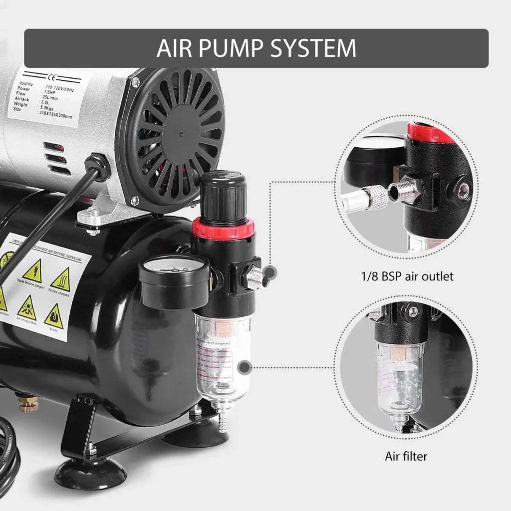 110-120V Professional Airbrushing Paint System with 1/5  Air Compressor and 1 Airbrush Kit for Tattoo Makeup Shoes Cake Decoration