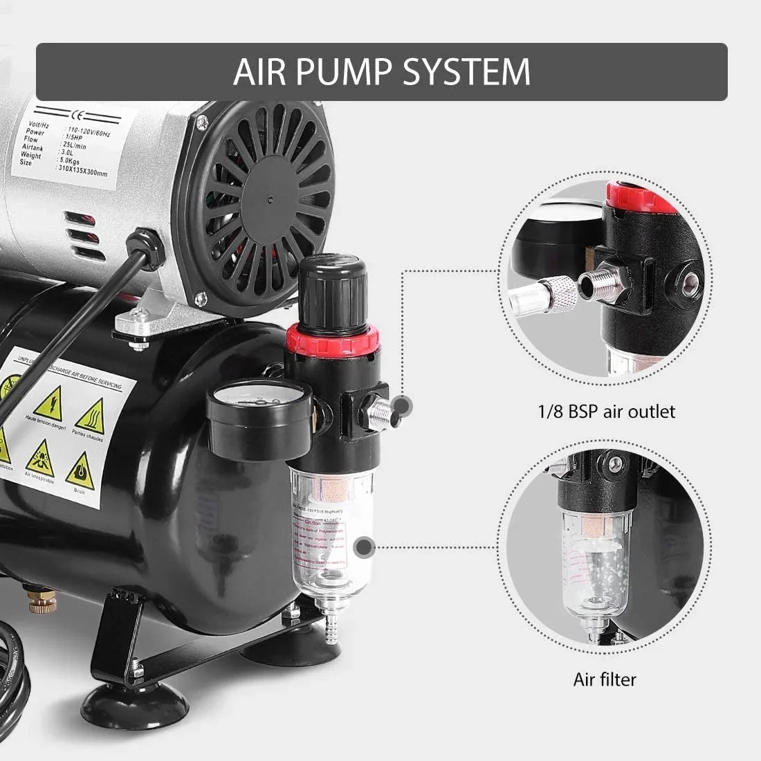 110-120V Professional Airbrushing Paint System with 1/5  Air Compressor and 1 Airbrush Kit for Tattoo Makeup Shoes Cake Decoration