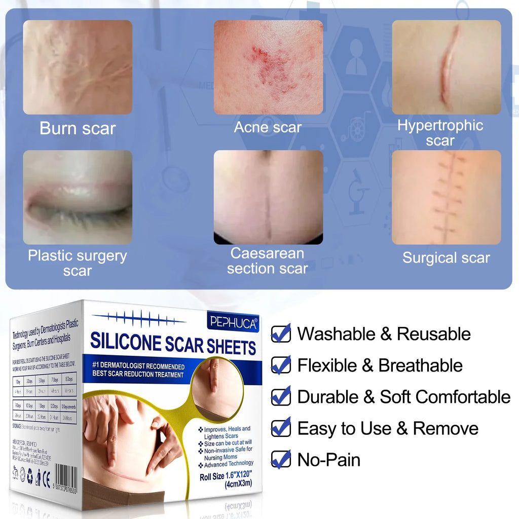 Pephuca Medical Grade Silicone Scar Sheets,Reusable and Breathable Silicone Gel Tape for Scar Removal,120inch x 1.6inch Roll Reusable 6 Months Supply,Transparent - 2 Pack