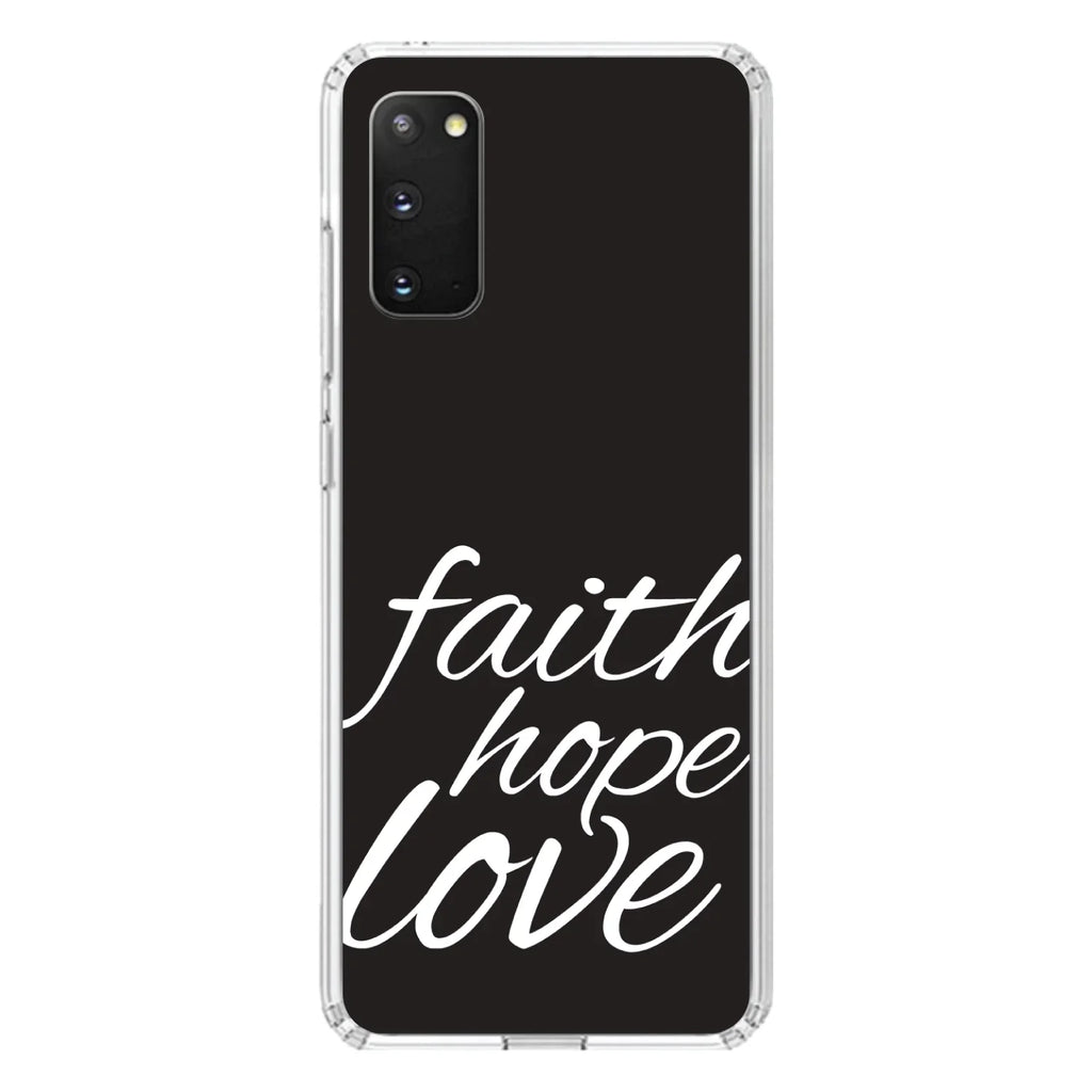 DistinctInk Clear Shockproof Hybrid Case for Galaxy   / 5G (6.7" Screen) -  Bumper, Acrylic Back, Tempered Glass Screen Protector - Faith / Hope / Love - Black & White - Christ