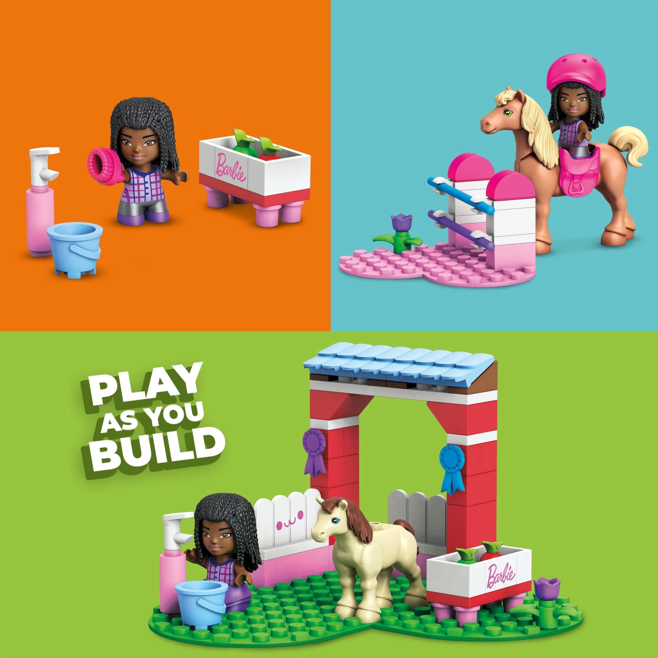 Barbie Building Toy Kit Horse Jumping with 1 Micro-Doll and Horses (73 Pieces)
