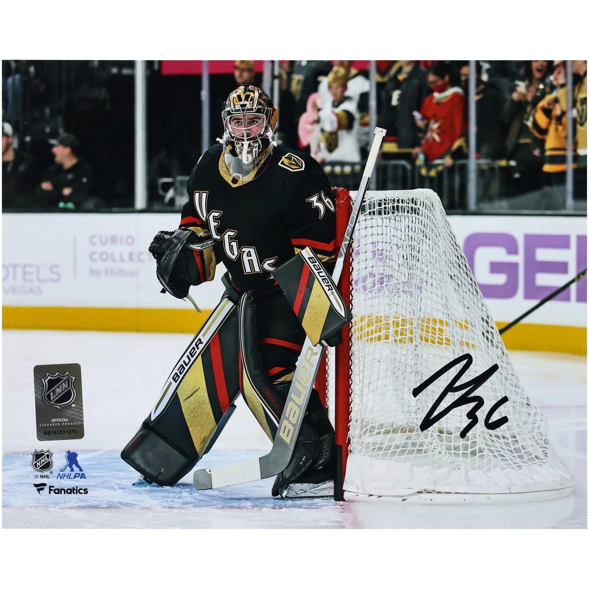 Logan Thompson Vegas Golden Knights Autographed 8" x 10" Reverse Retro Jersey in Net Photograph - Fanatics Authentic Certified