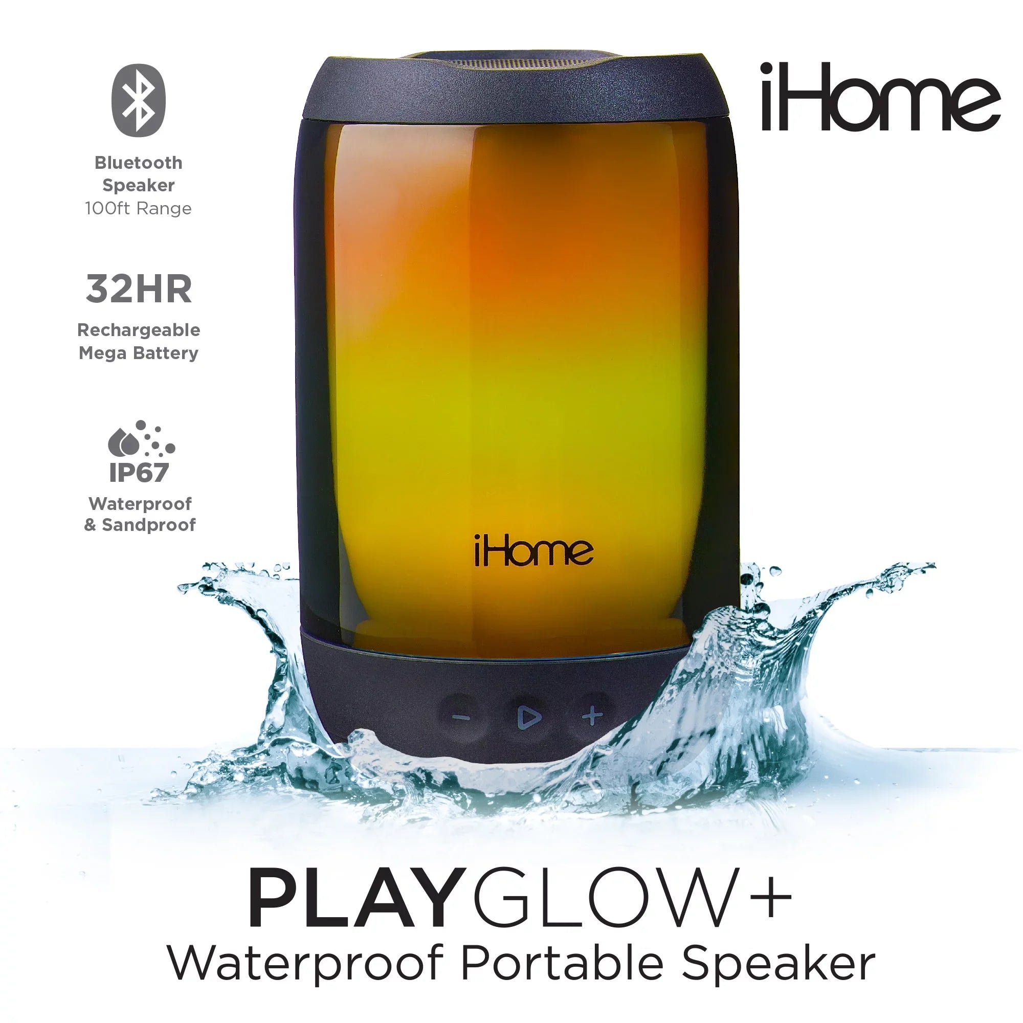 iHome Rechargeable Color Changing Waterproof Bluetooth Play Glow + Speaker with Mega Battery