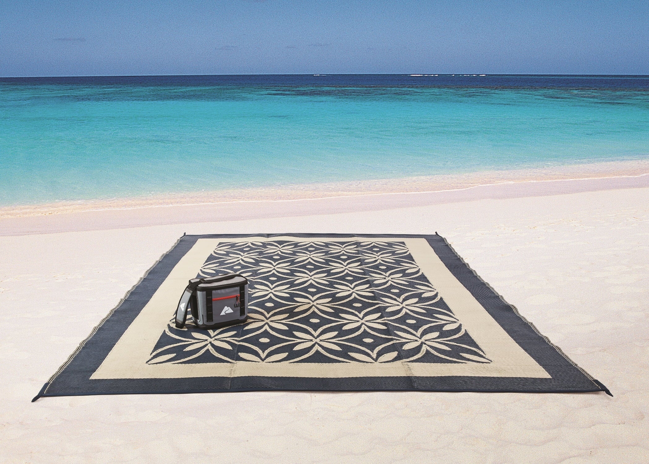 Auto Drive Blue / Tan Flower Design 9x12ft Reversible  Patio Mat, Good for  Patios and Garden