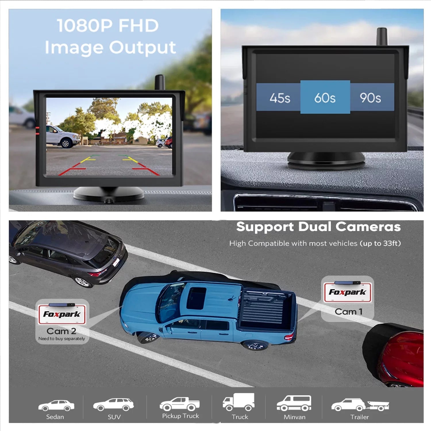 Wireless Backup Camera Solar Rear View Parking System for Car, 2 Channels Reverse Camera Wireless with Monitor Easy Installation,Solar Battery License Plate Camera for Trailer