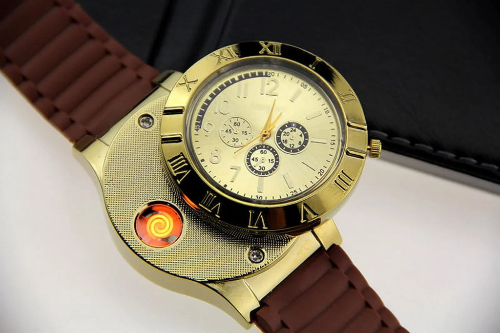 Men's Lighter Watch Flameless Outdoor Windproof  Watch  Rechargeable Rubber Strap Gift