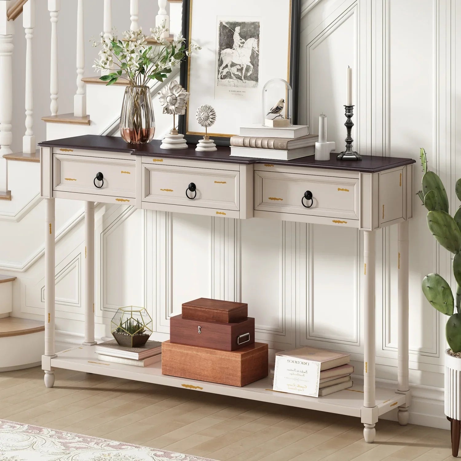 Console Table Sofa Table with Drawers for Entryway with Projecting Drawers and Long Shelf (Antique White     )